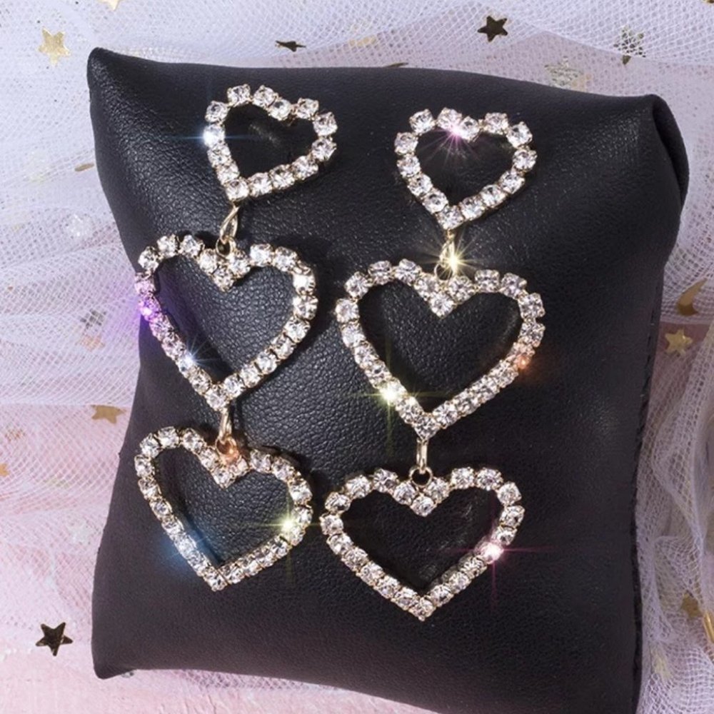 Heart earrings rhinestone diamond crystal drop dangly sparkly y2k luxury cute - Picture 2 of 5